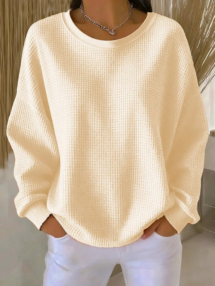 Women's Oversized Waffle Knit Dropped Shoulder Sweater With Ribbed Trim
