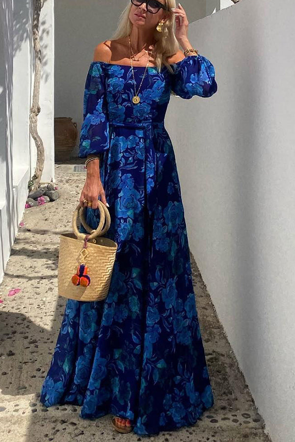 Women’s Floral Maxi Dress Off-Shoulder Puff Sleeve Wedding Guest Gown