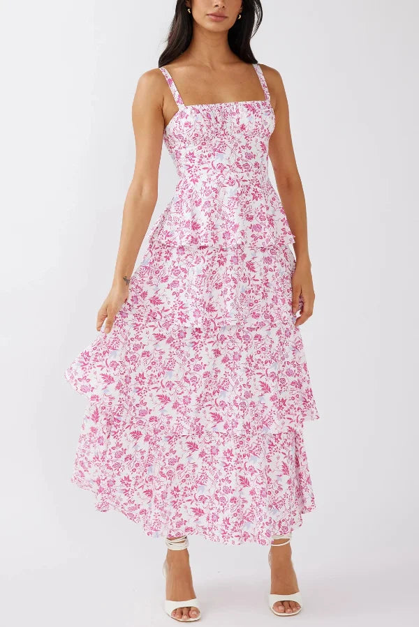 Women’s Tiered Maxi Dress with Square Neckline and Open Back Tie Detail