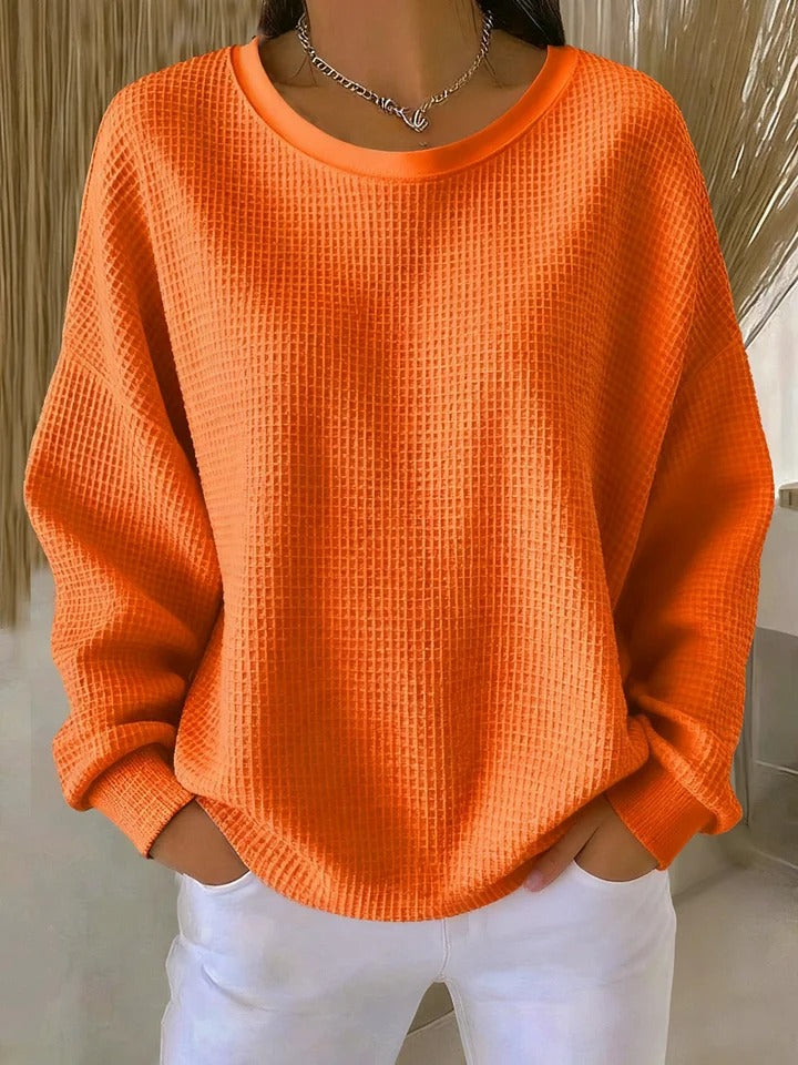 Women's Oversized Waffle Knit Dropped Shoulder Sweater With Ribbed Trim