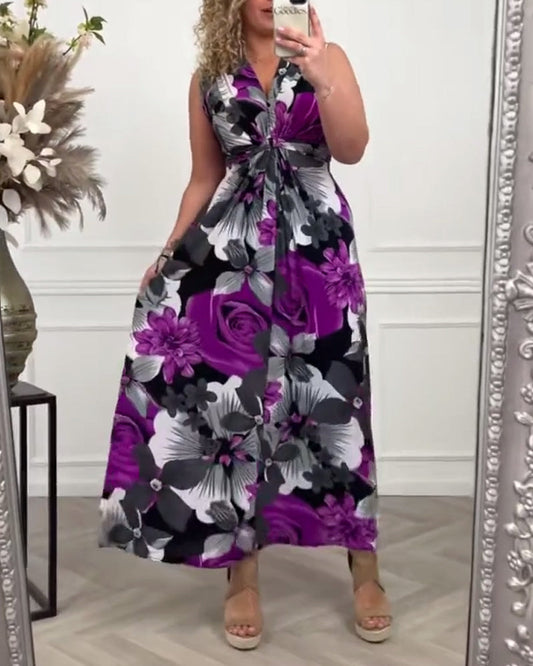 Women’s Maxi Dress with Cinched Tie Waist and Bold Floral Border Print