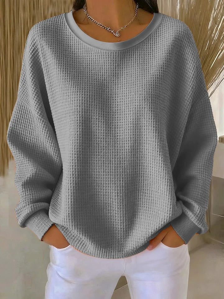 Women's Oversized Waffle Knit Dropped Shoulder Sweater With Ribbed Trim