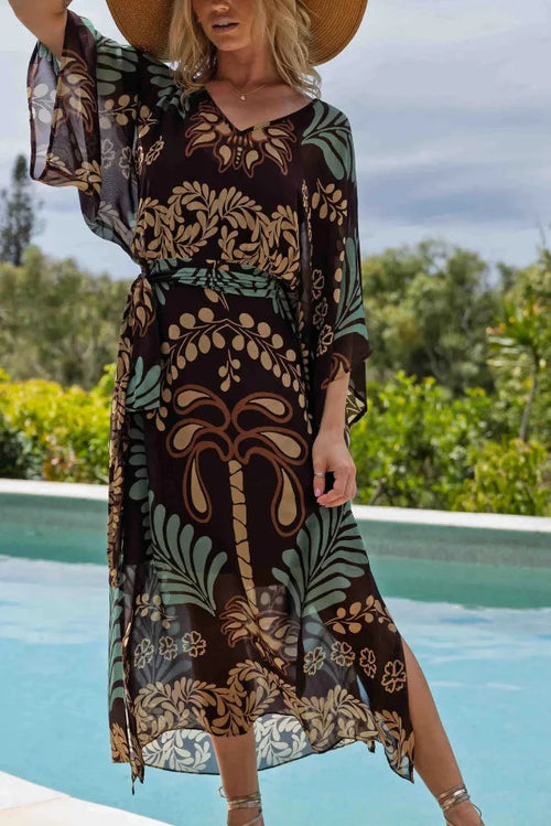 Women’s Chiffon Maxi Kaftan with Bohemian Palm Print and Adjustable Waist Belt