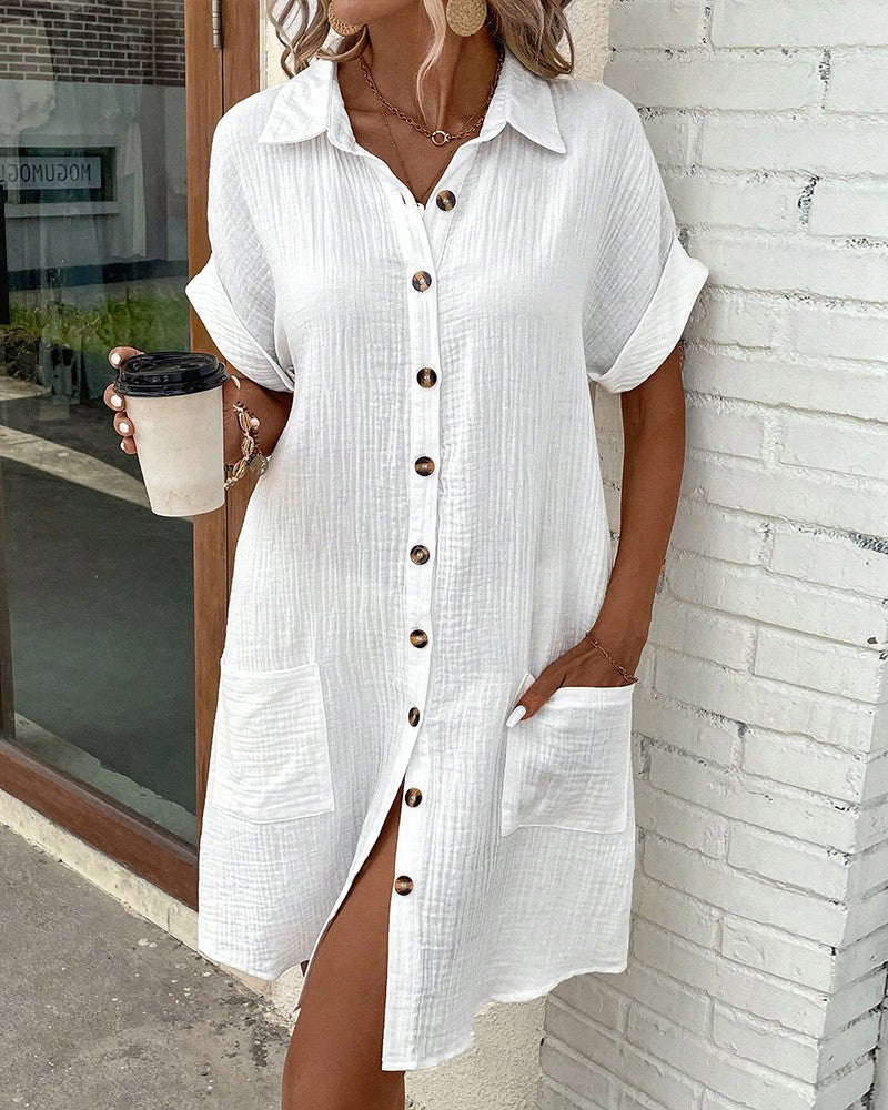 Women’s Shirt Dress with Button-Down Front and Functional Patch Pockets
