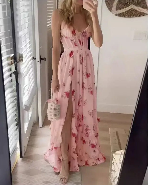 Women’s Floral Maxi Dress Corset Bodice High Slit Wedding Guest Gown
