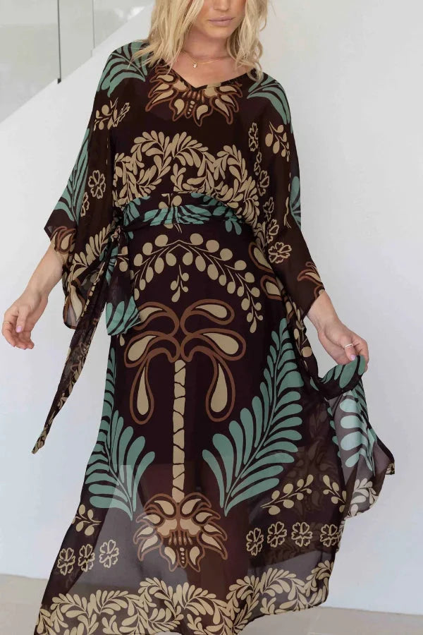 Women’s Chiffon Maxi Kaftan with Bohemian Palm Print and Adjustable Waist Belt