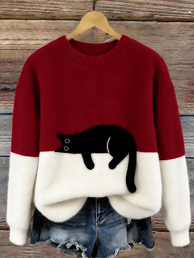 Women's Color-Block Cat Graphic Ribbed Knit Sweater