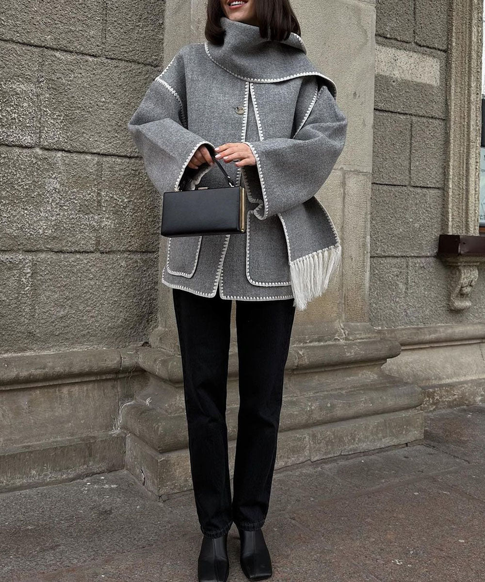 Women's Cape Coat with Contrast Trim and Fringe Detail
