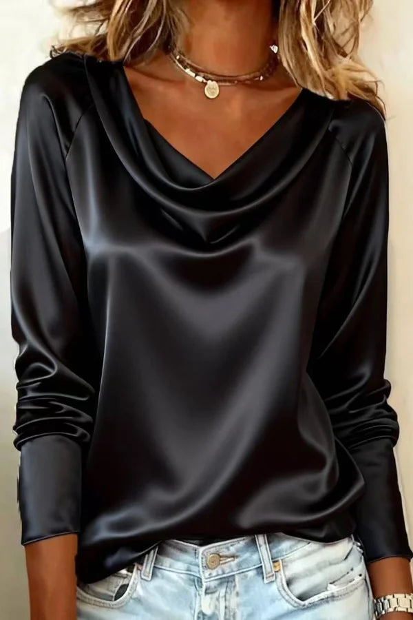 Women’s Satin Draped Blouse with Cowl Neckline and Long Cuffed Sleeves