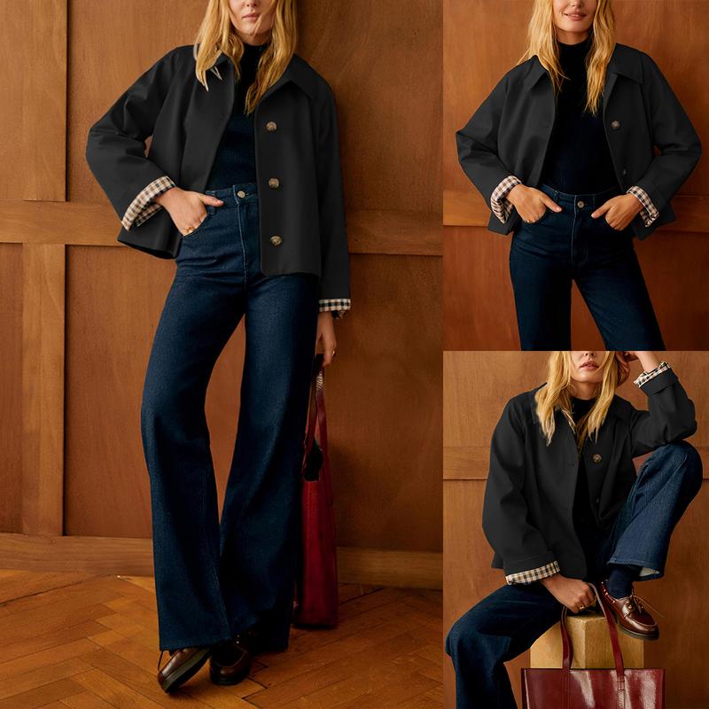 Women¡¯s Oversized Cropped Trench Jacket with Gingham Cuff Lining