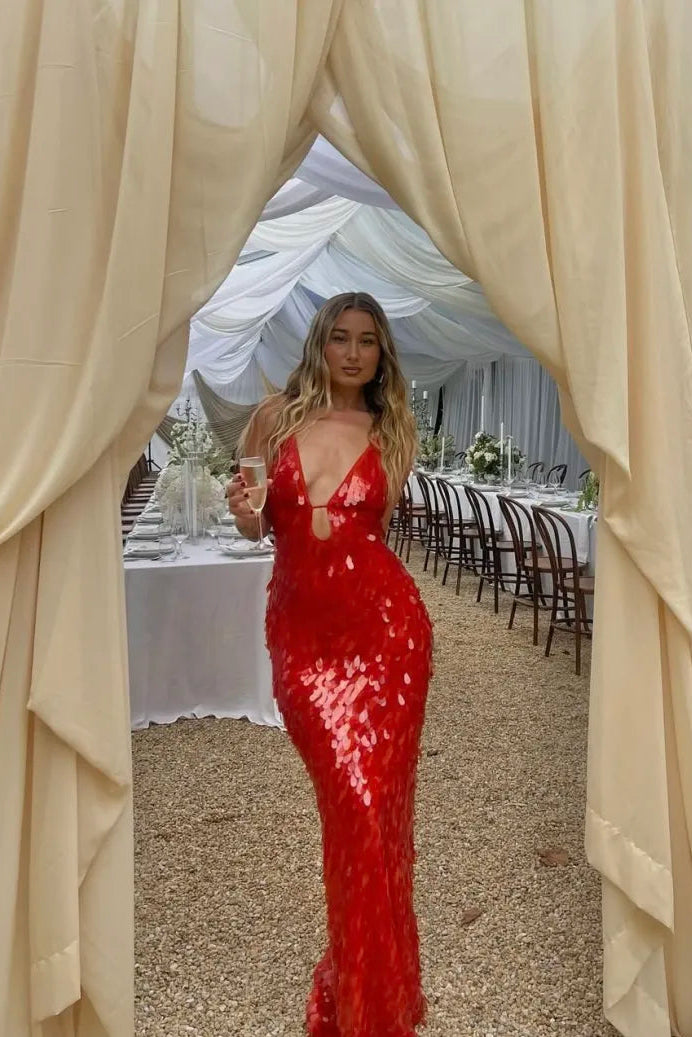 Women’s Sequin Maxi Dress Plunging V-Neck Backless Evening Gown