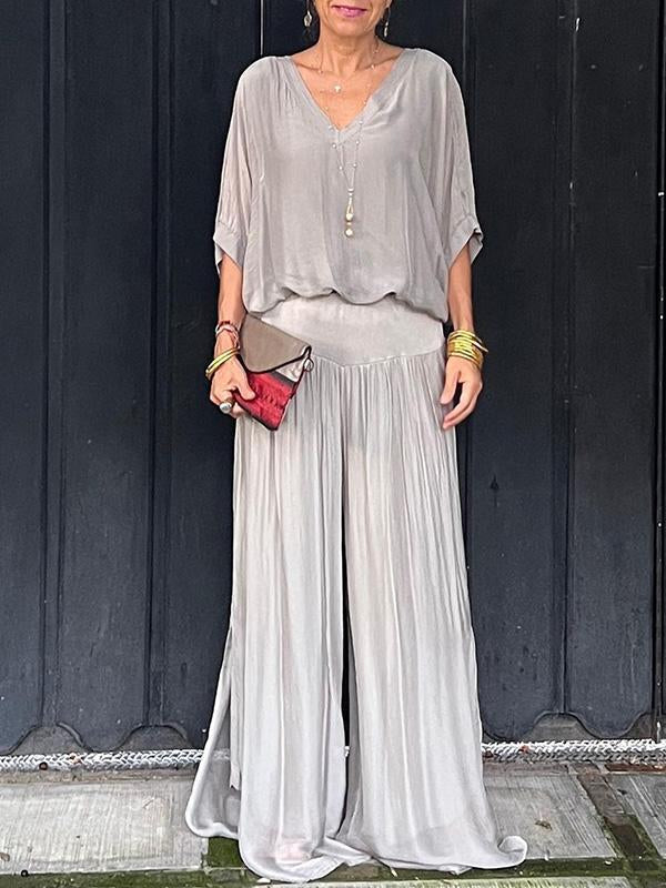 Women’s Two Piece Wide Leg Pant Set with V Neck Chiffon Tunic Top