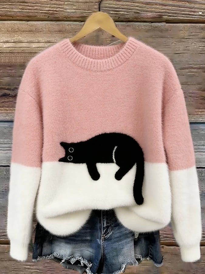 Women's Color-Block Cat Graphic Ribbed Knit Sweater