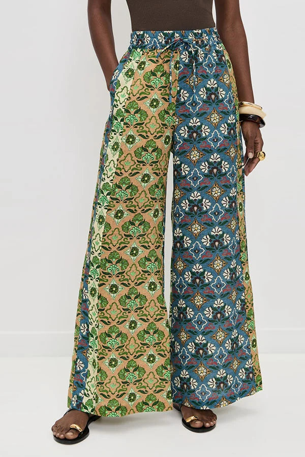 Women’s Two-Piece Set with Floral Patchwork Blouse and Wide Leg Pocket Pants