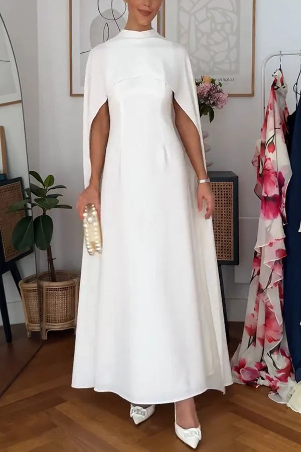 Women’s Tailored Cape Maxi Dress with Elegant High Neck and Column Silhouette