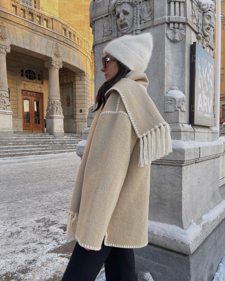 Women's Cape Coat with Contrast Trim and Fringe Detail