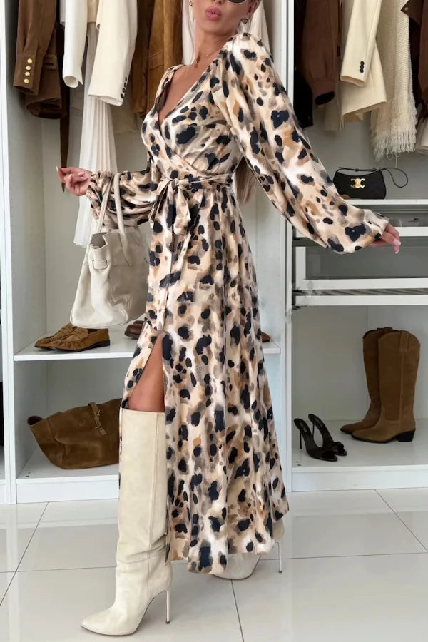 Women's Long Sleeve V-Neck Maxi Dress with Waist Tie and Side Slit Detail