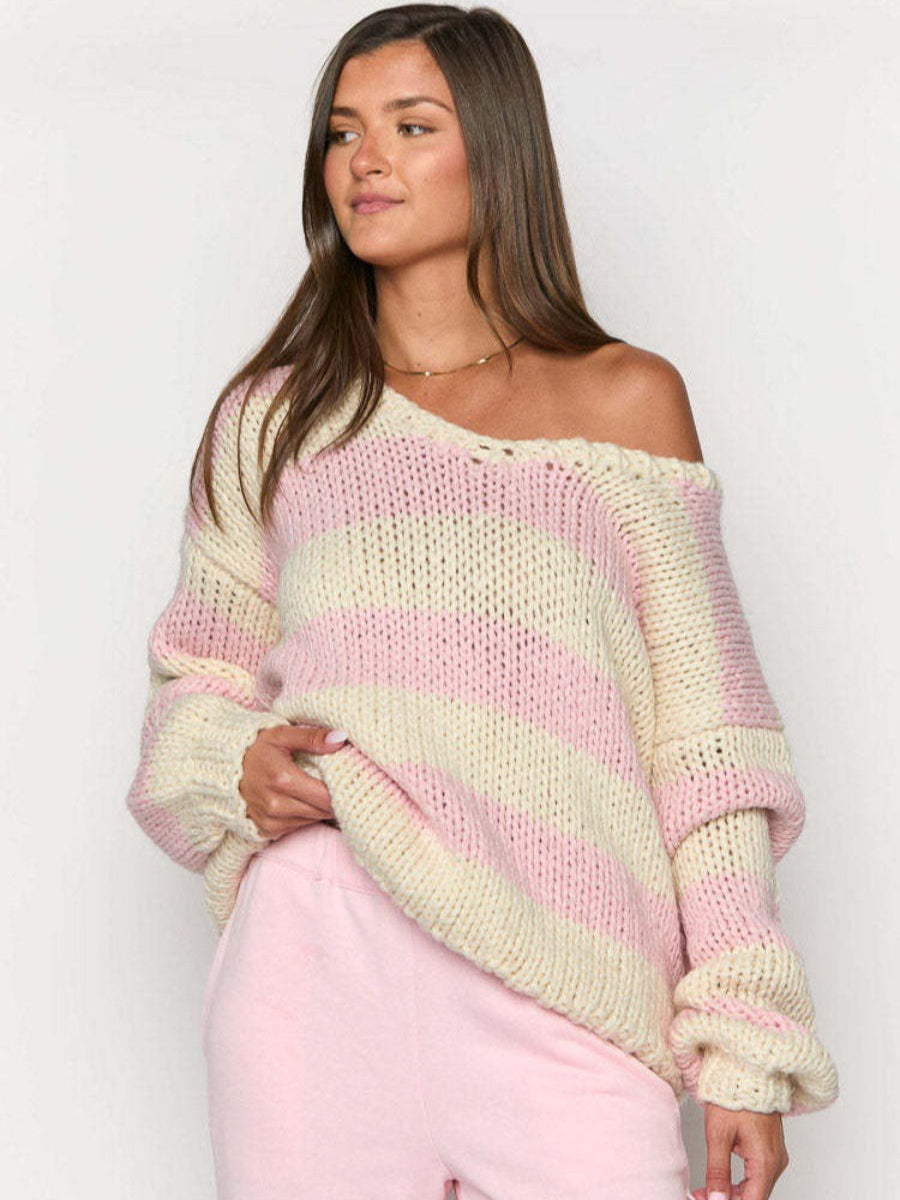 Ceylan Women’s Chunky Knit Sweater Off Shoulder Striped Pullover