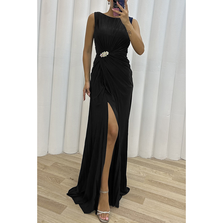 Women’s Maxi Dress with Pleated Bodice and Rhinestone Waist Detail