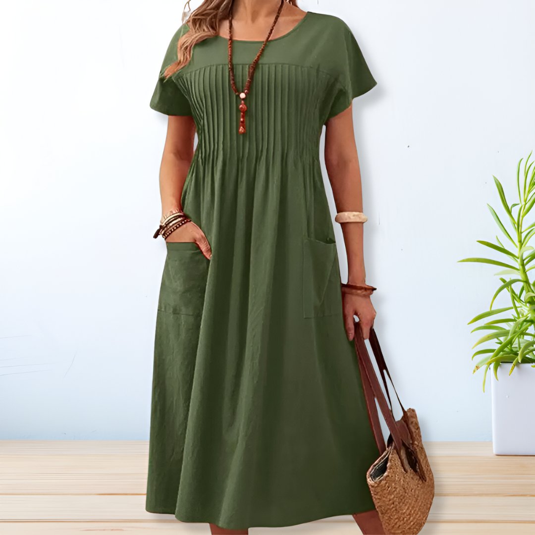 Women’s Midi Dress with Pleated Bodice and Functional Side Pockets