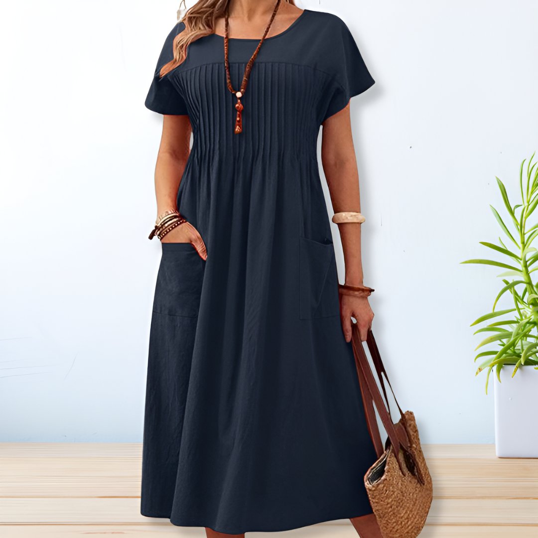 Women’s Midi Dress with Pleated Bodice and Functional Side Pockets