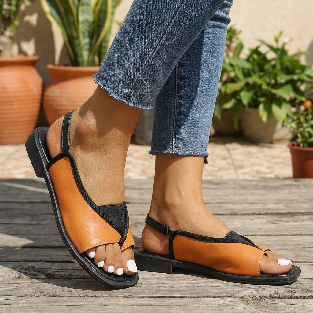 Women’s Slingback Flat Sandals with Square Toe and Contrast Cross Straps