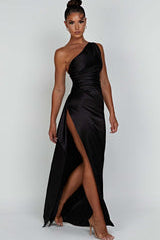 Women’s One-Shoulder Satin Maxi Dress Ruched Waist High Slit Wedding Guest Gown