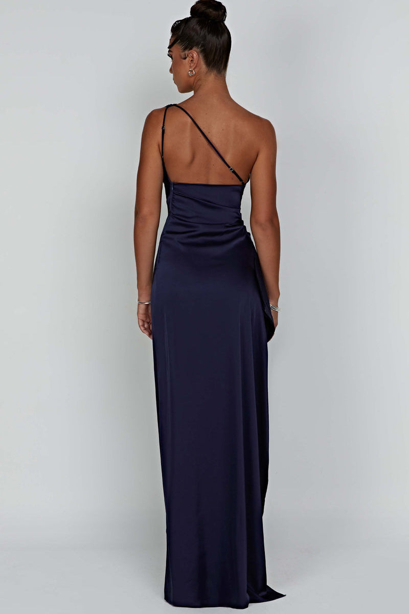 Women’s One-Shoulder Satin Maxi Dress Ruched Waist High Slit Wedding Guest Gown