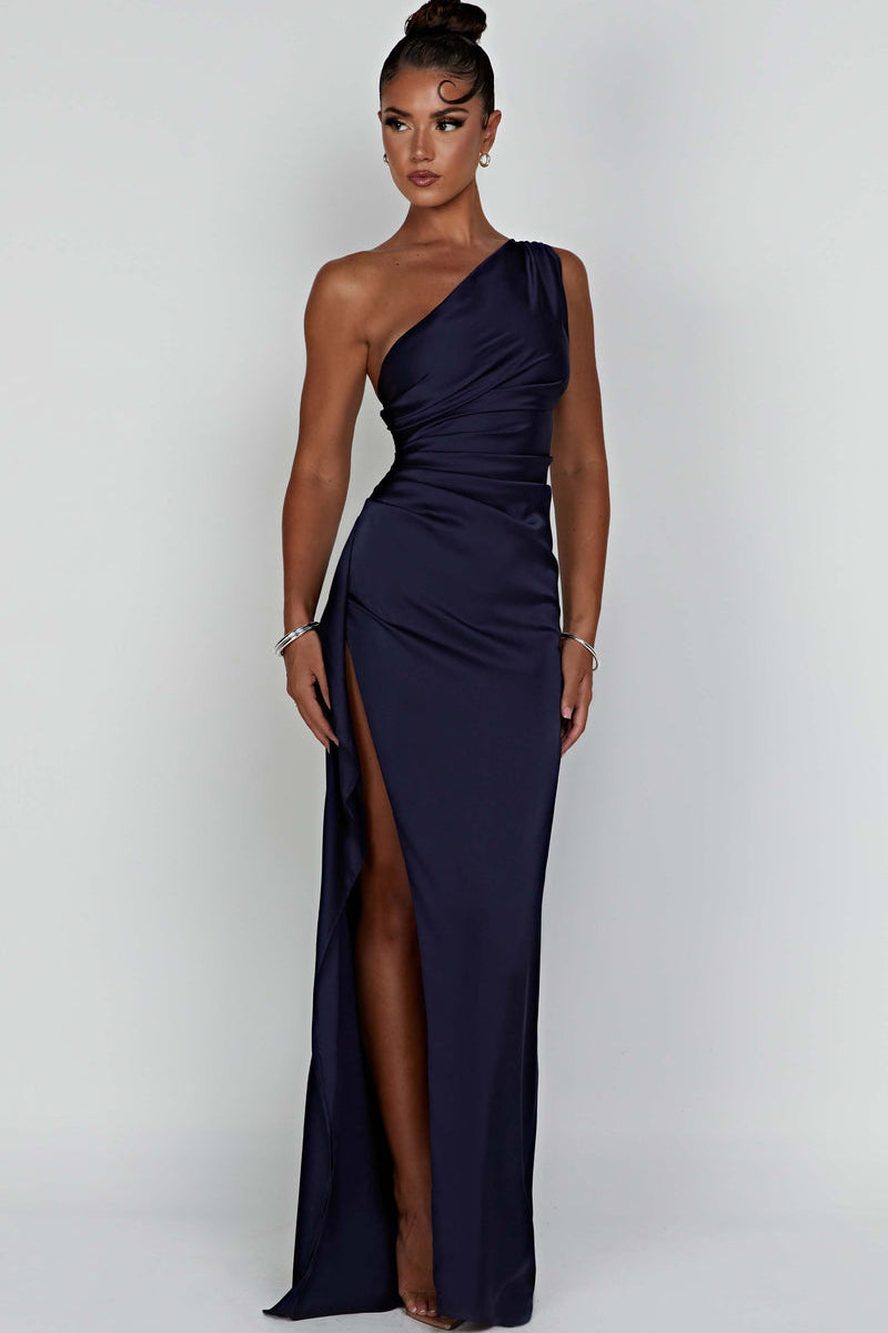 Women’s One-Shoulder Satin Maxi Dress Ruched Waist High Slit Wedding Guest Gown