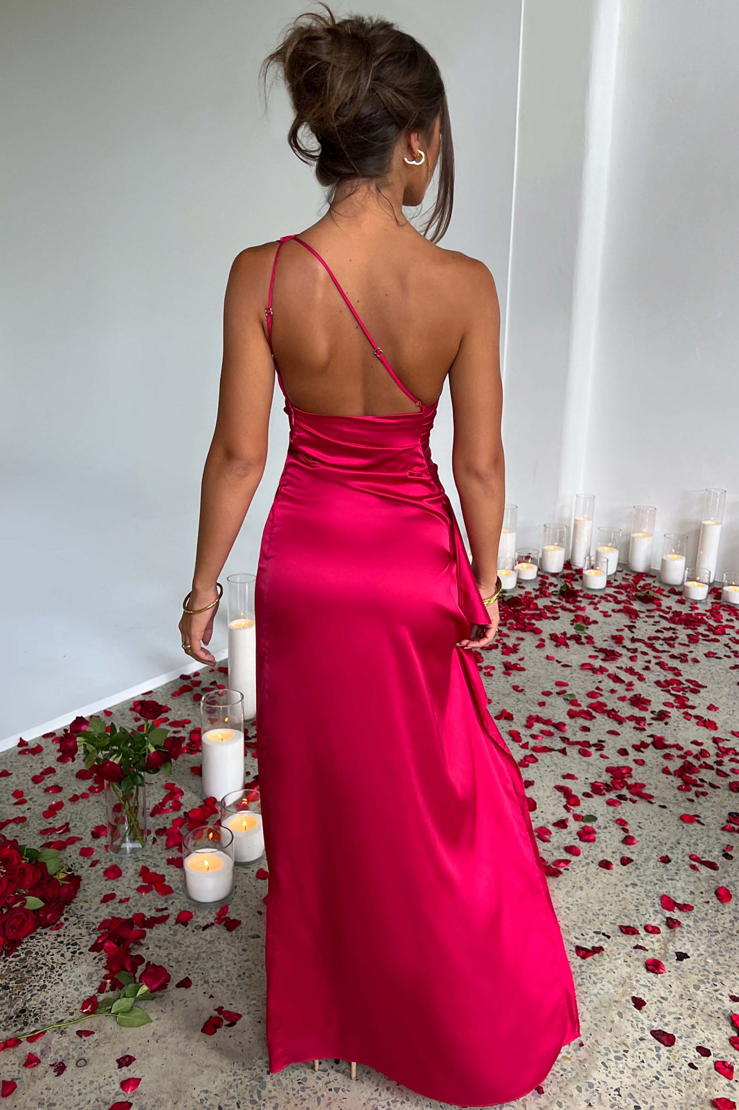 Women’s One-Shoulder Satin Maxi Dress Ruched Waist High Slit Wedding Guest Gown