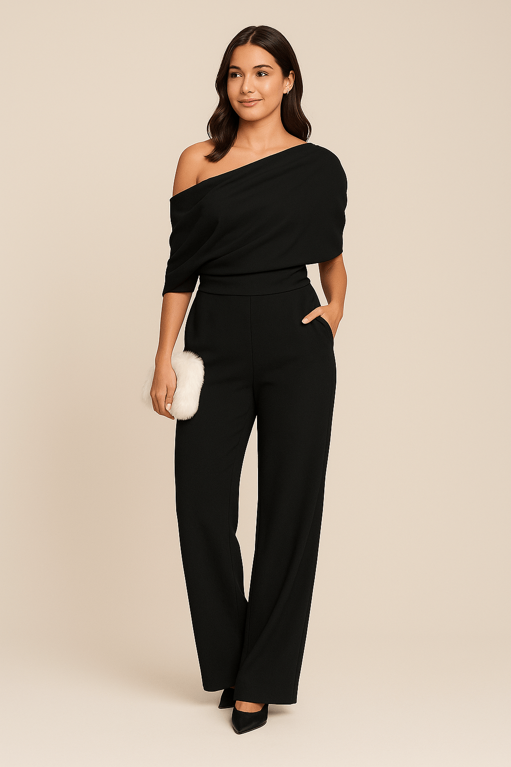 Women’s One-Shoulder Drape Jumpsuit Elegant Wide Leg Evening Romper