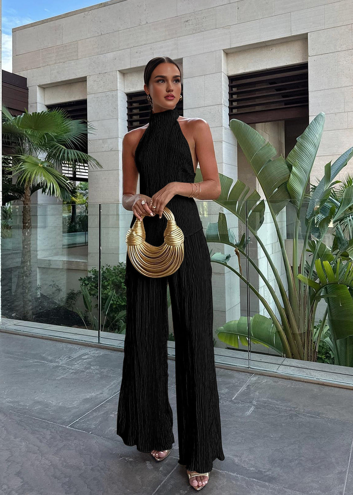 Women’s Two Piece Set with Halter Neck Pleated Top and Wide Leg Pants