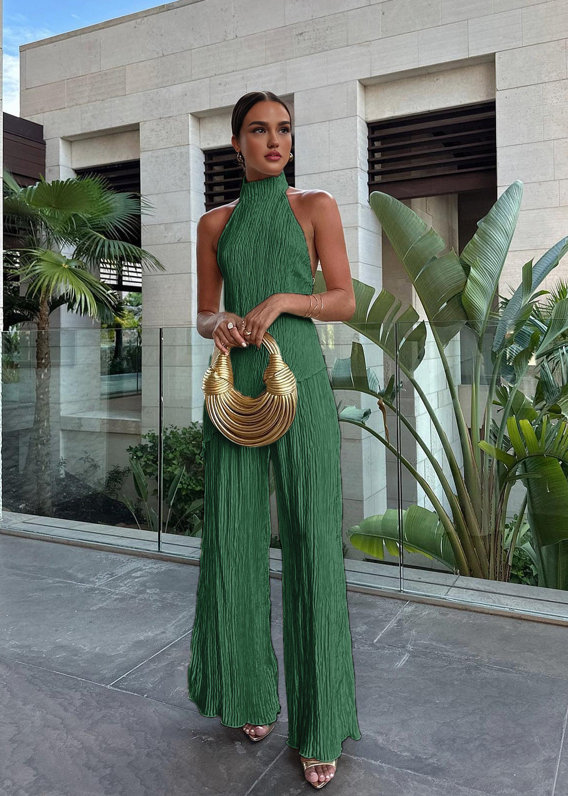 Women’s Two Piece Set with Halter Neck Pleated Top and Wide Leg Pants