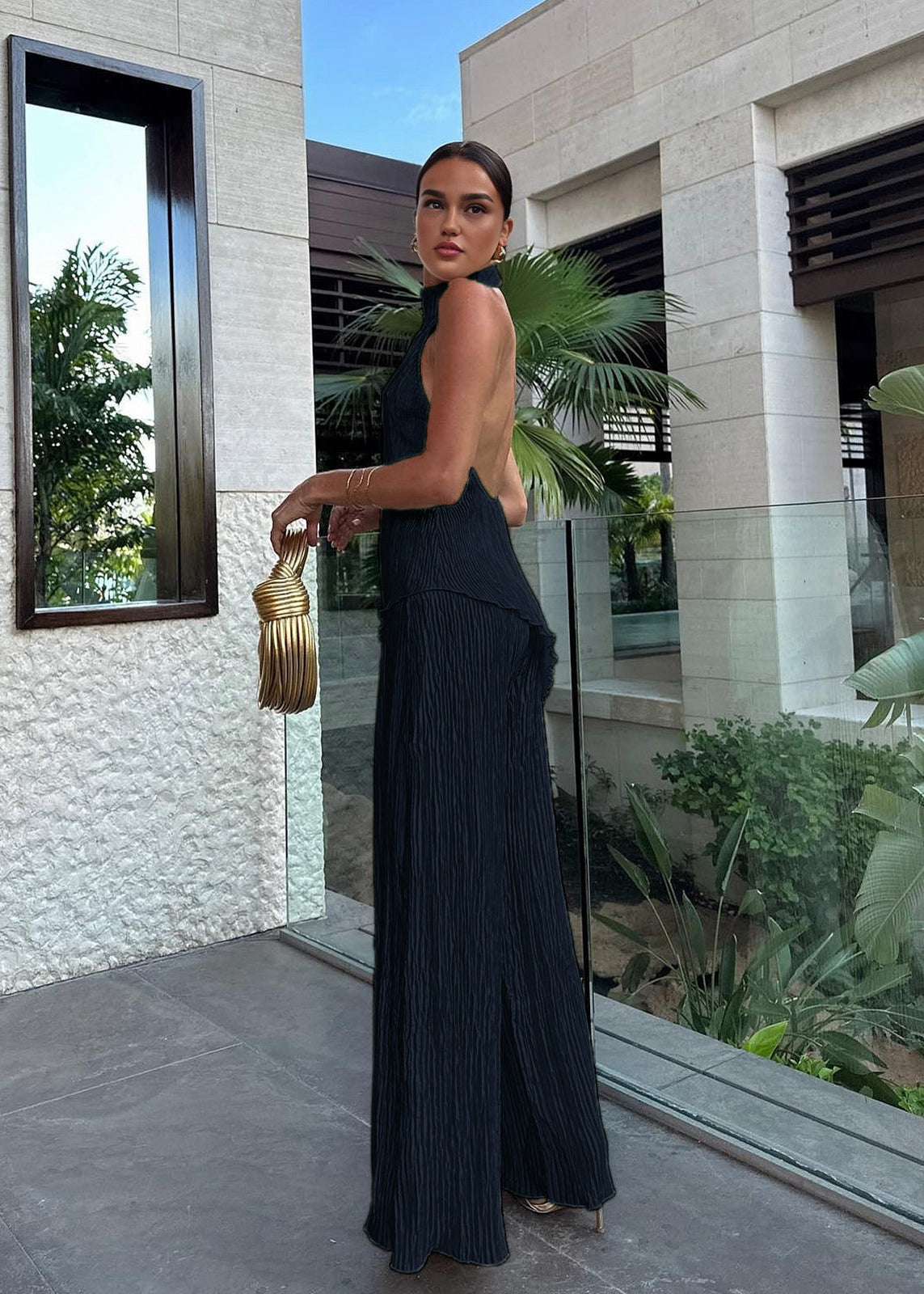 Women’s Two Piece Set with Halter Neck Pleated Top and Wide Leg Pants