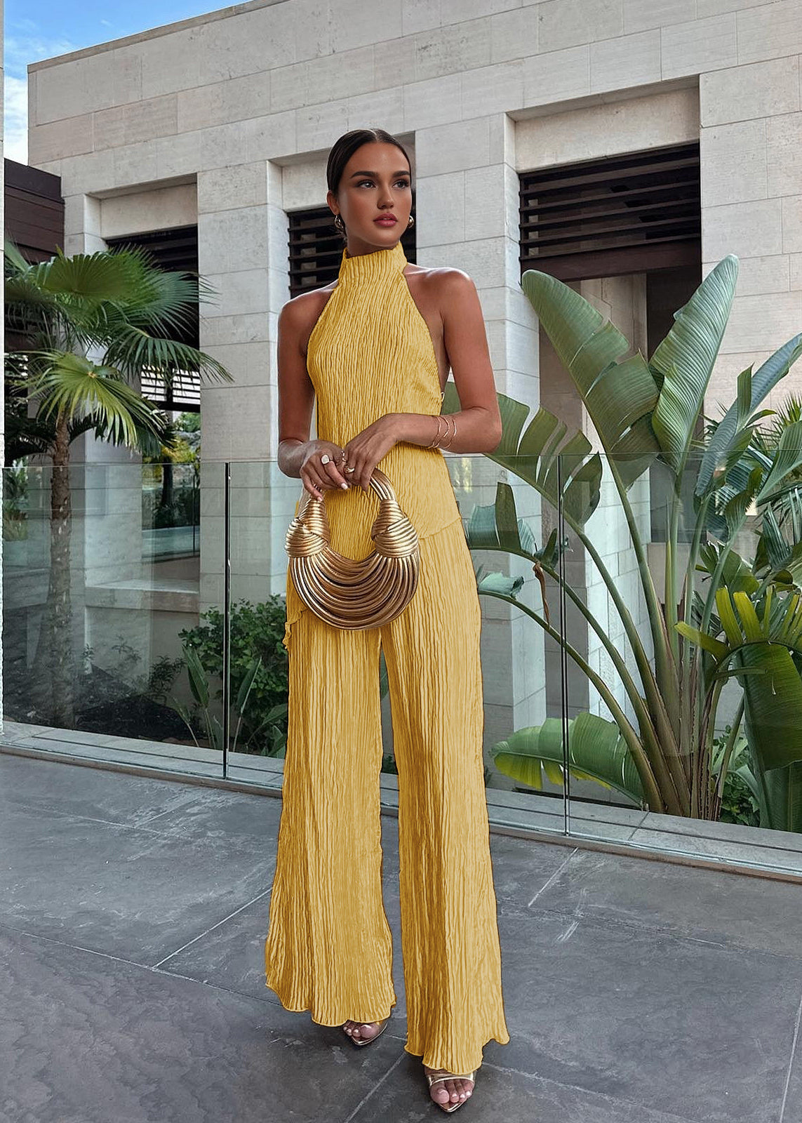Women’s Two Piece Set with Halter Neck Pleated Top and Wide Leg Pants