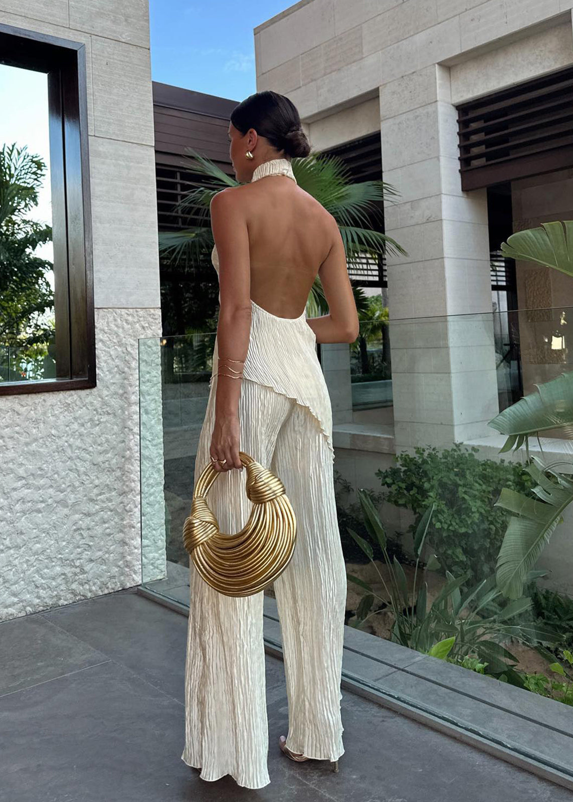 Women’s Two Piece Set with Halter Neck Pleated Top and Wide Leg Pants