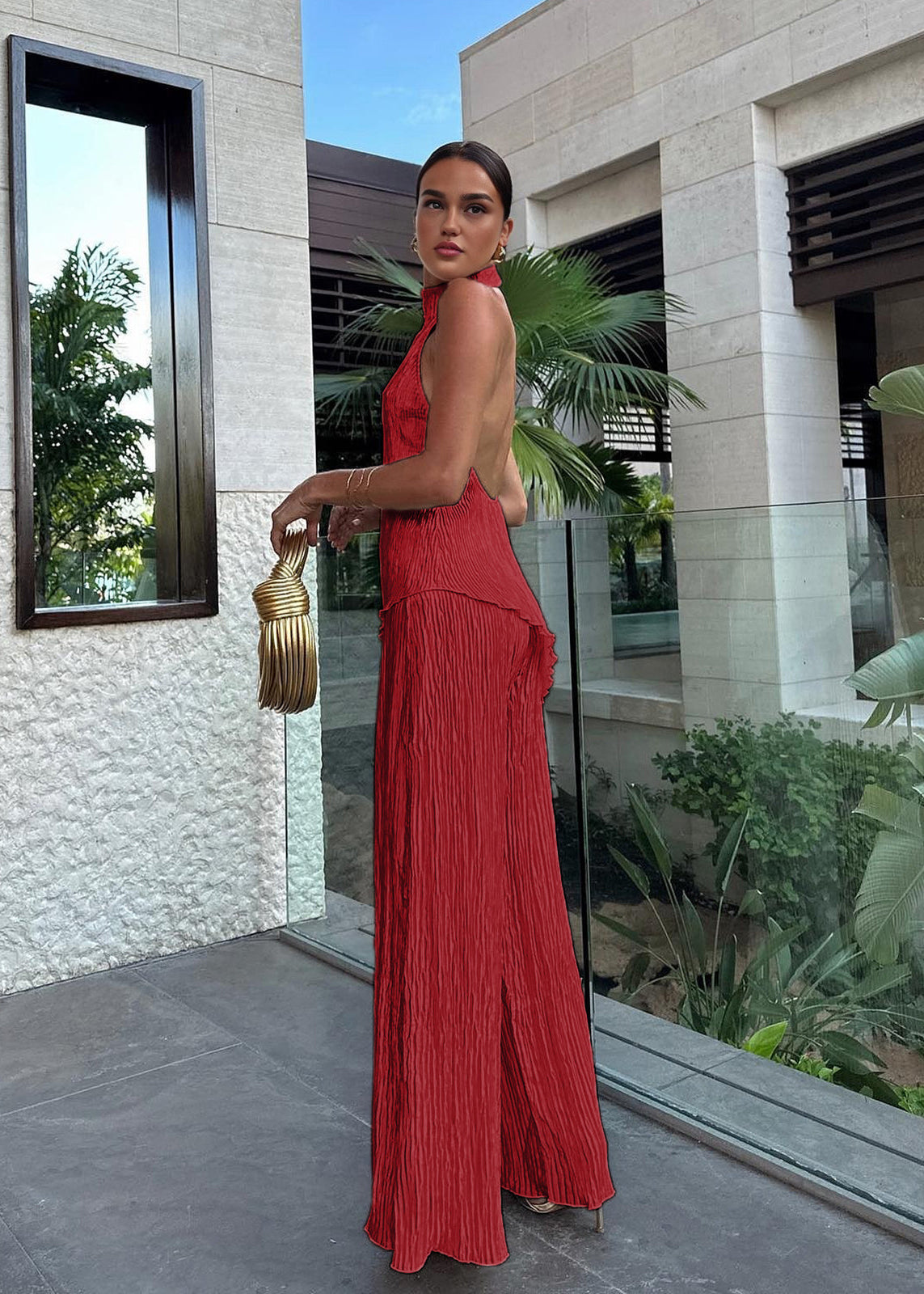 Women’s Two Piece Set with Halter Neck Pleated Top and Wide Leg Pants