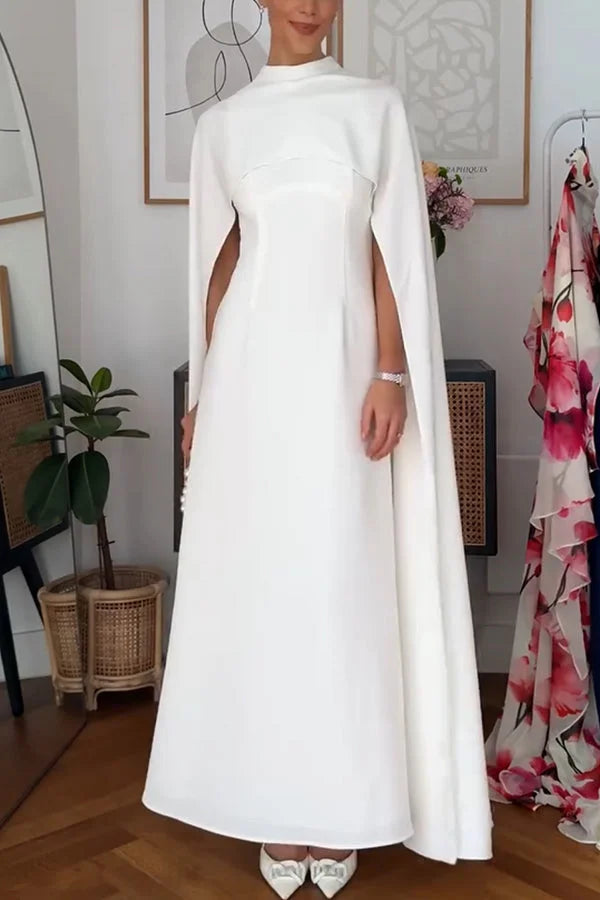 Women’s Tailored Cape Maxi Dress with Elegant High Neck and Column Silhouette