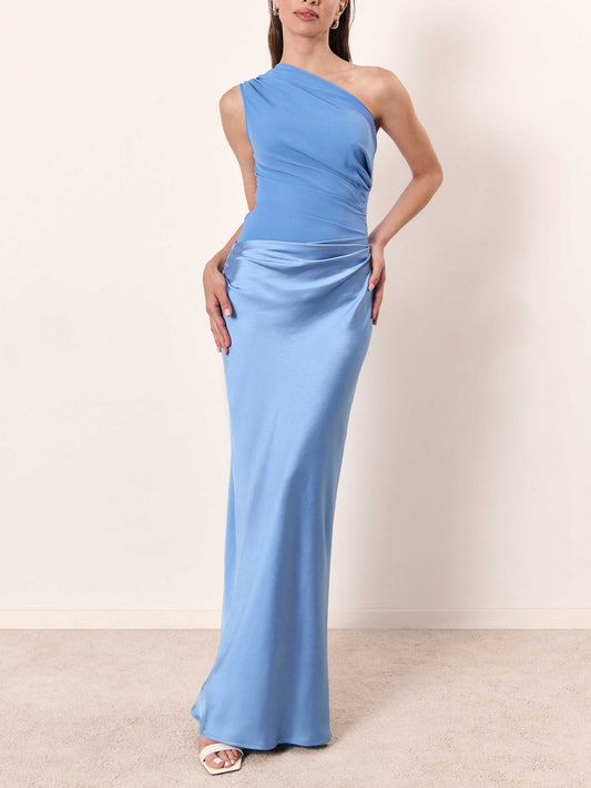 Women’s Maxi Dress with One-Shoulder Neckline and Pleated Satin Skirt