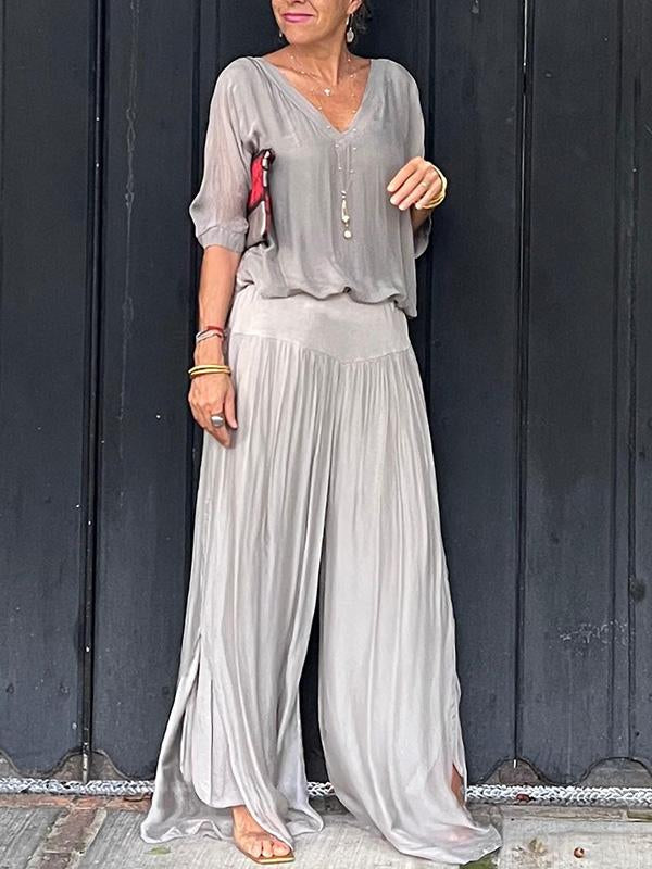 Women’s Two Piece Wide Leg Pant Set with V Neck Chiffon Tunic Top