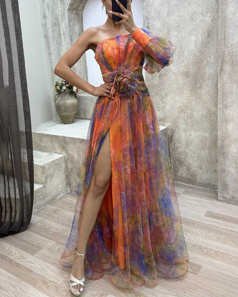 Women¡¯s Maxi Dress with One-Shoulder Bodice and Floral Tulle Overlay