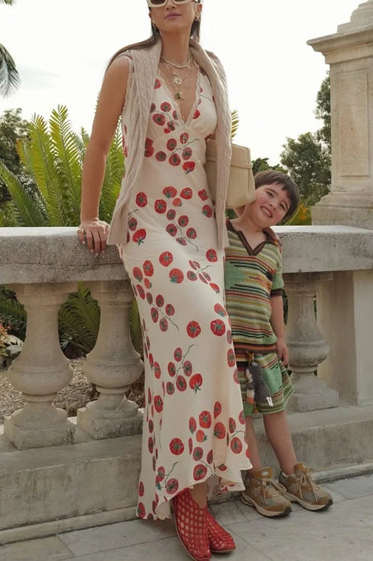 Women's Bias Cut Maxi Dress with Deep V-Neckline and Lace Trim Detailing