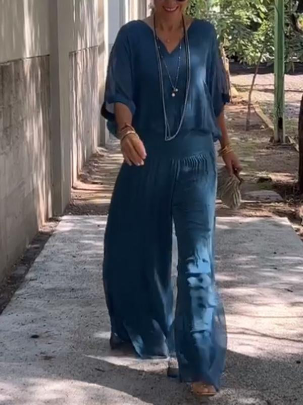 Women’s Two Piece Wide Leg Pant Set with V Neck Chiffon Tunic Top