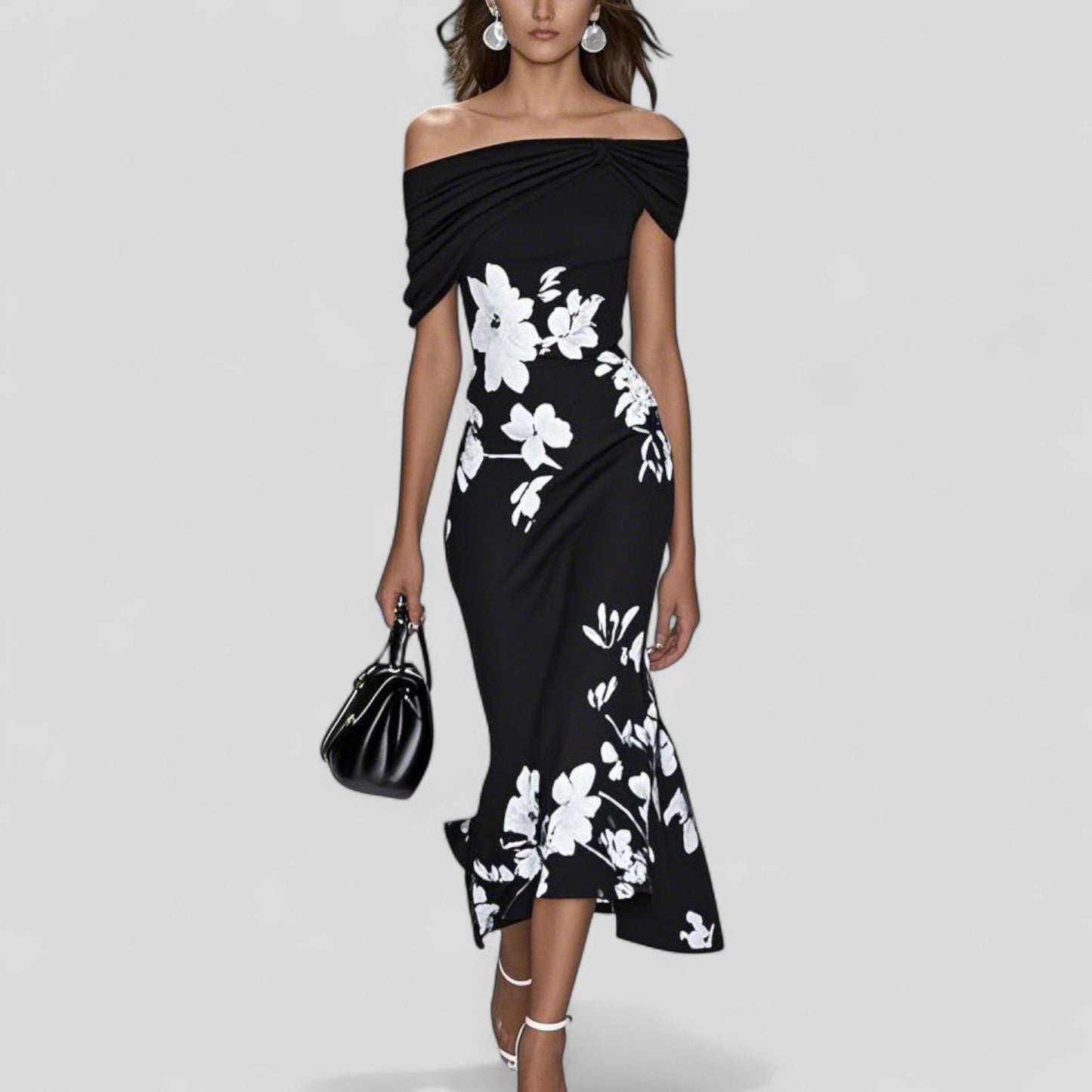 Women’s Midi Dress with Off-Shoulder Draped Bodice and Floral Ruffle Hem