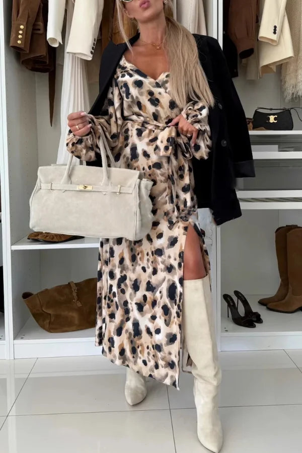 Women's Long Sleeve V-Neck Maxi Dress with Waist Tie and Side Slit Detail
