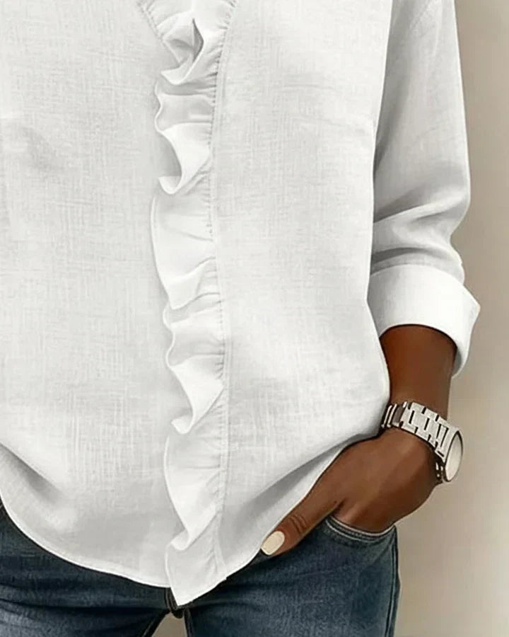 Women's Linen Ruffle-Trim Button-Front Blouse With Roll-Up Sleeves