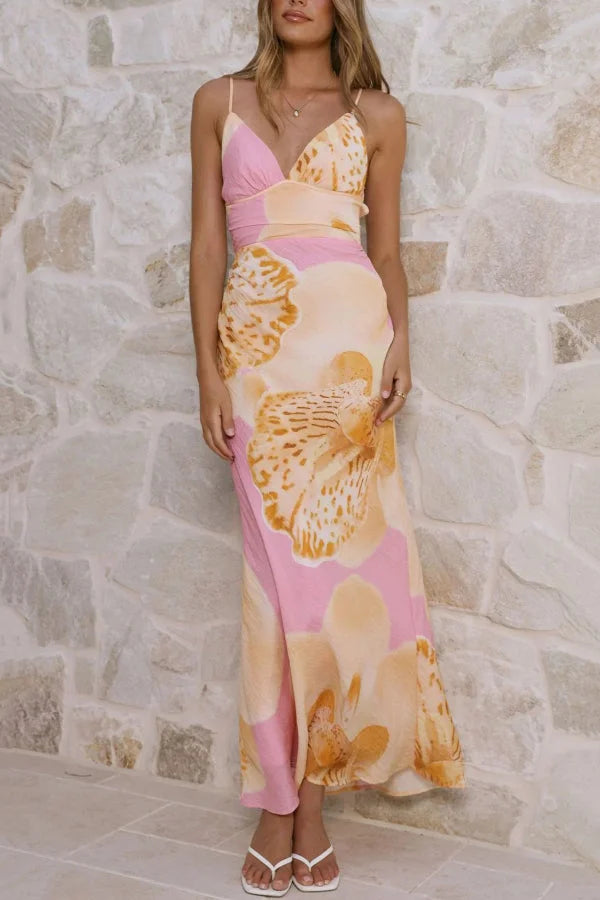 Women’s V-Neck Camisole Maxi Dress with Slim Fit and Botanical Floral Print