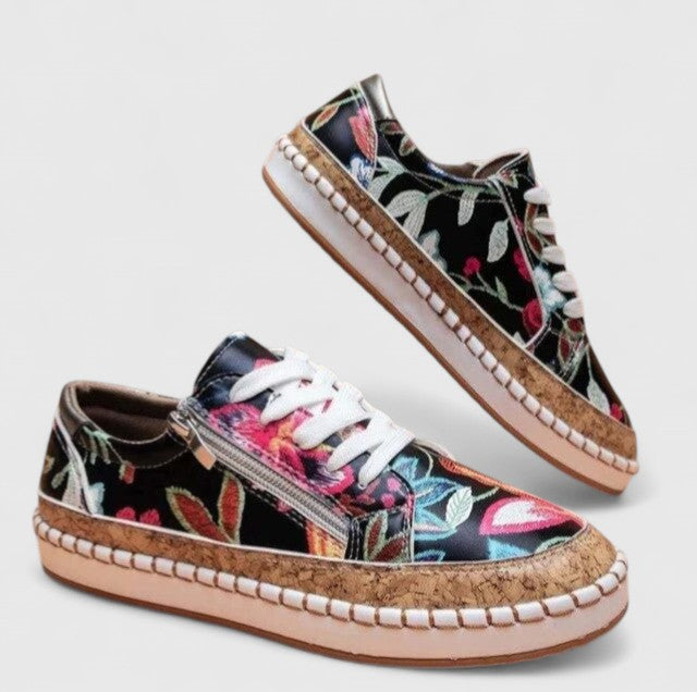 Women’s Lace-Up Sneakers with Floral Print and Cork Trim Platform Sole
