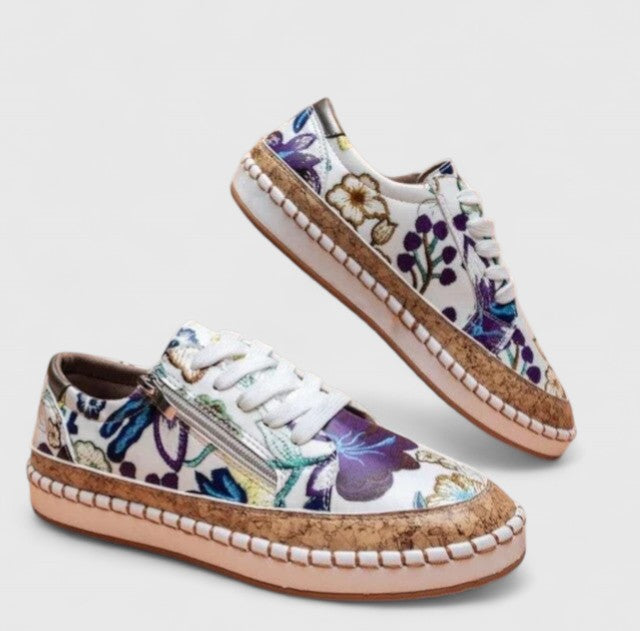 Women’s Lace-Up Sneakers with Floral Print and Cork Trim Platform Sole