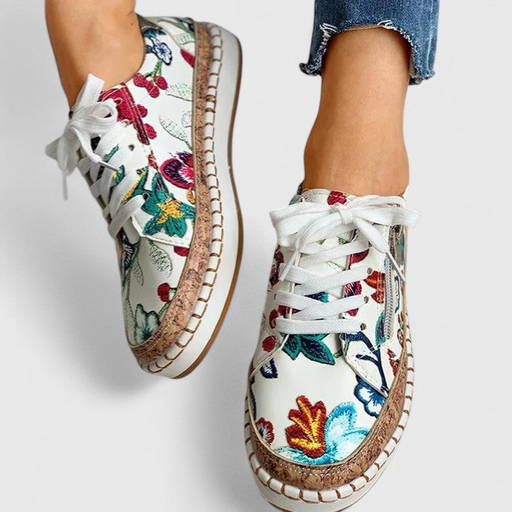 Women’s Lace-Up Sneakers with Floral Print and Cork Trim Platform Sole